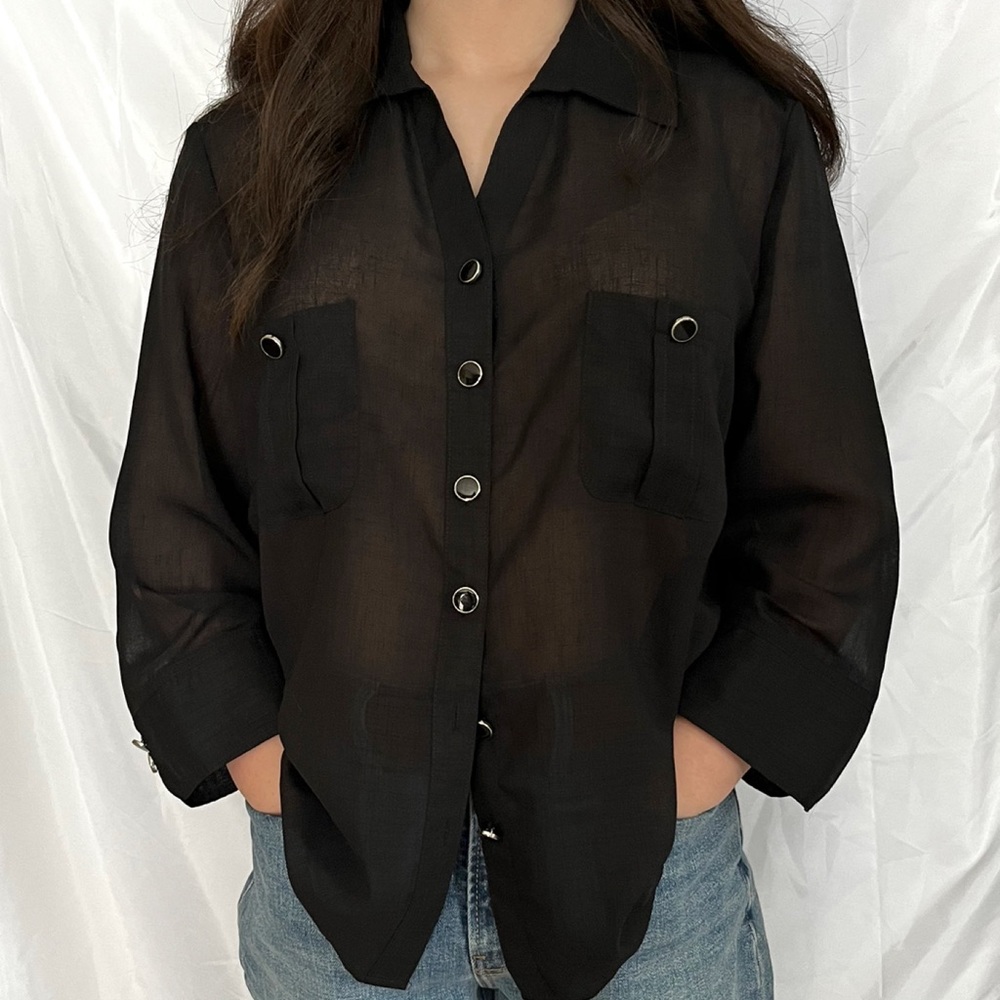 Tradition Lightweight Black Gauzy Sheer Button Front Short Sleeve Blouse